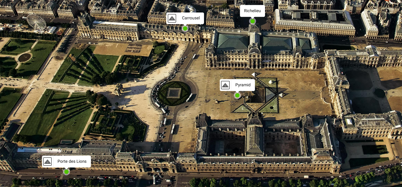 מפת הכניסות ללובר מתוך האתר של מוזיאון הלובר.