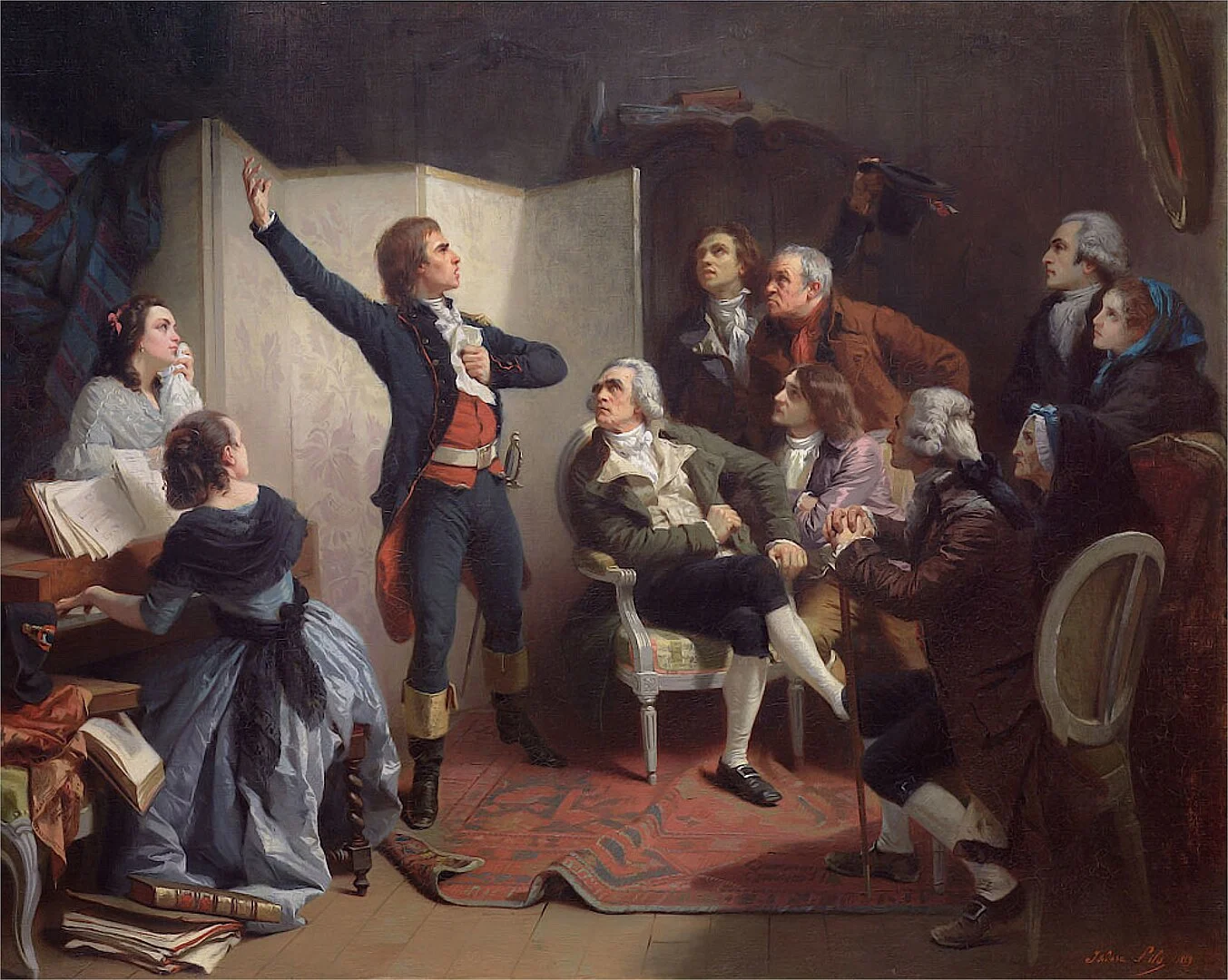 Roger de Lille sings the Marseillaise for the first time at the home of the mayor of Strasbourg. Image is in the public domain