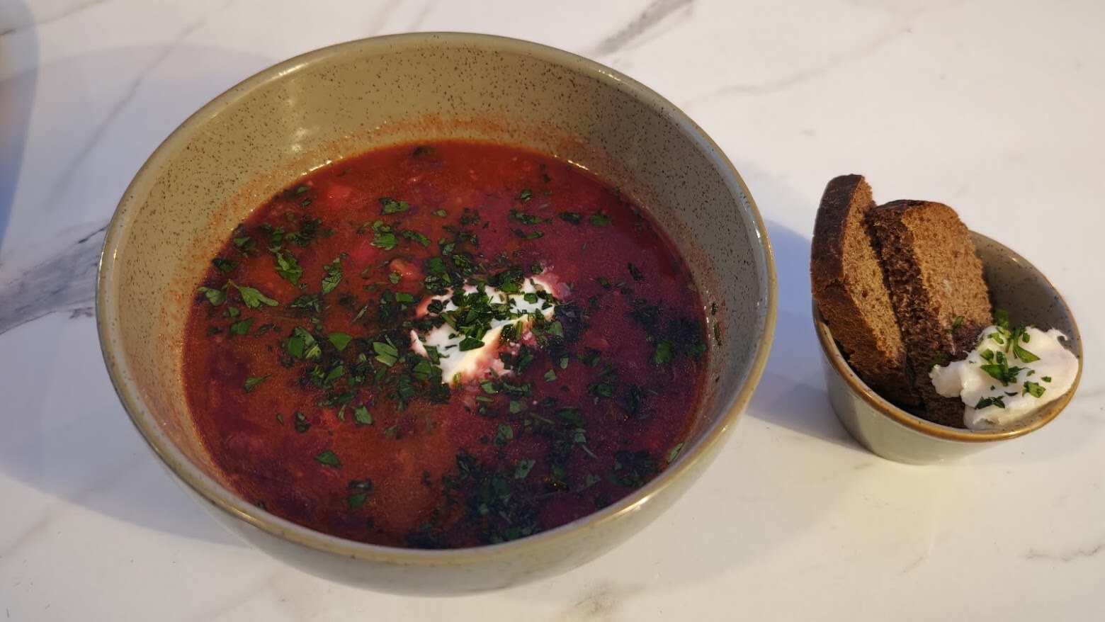 מרק בורש מלווה בלחם שחור של מסעדת Borsch. צילום: צבי חזנוב