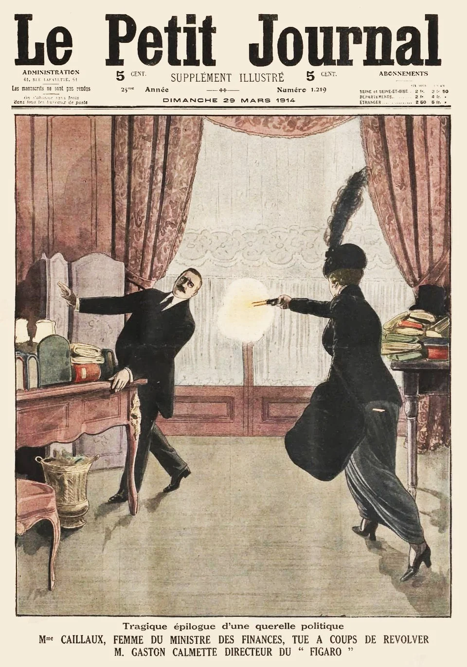 דף השער של Le Petit Journal המתאר את ההתנקשות בגסטון קלמט. התמונה בנחלת הכלל