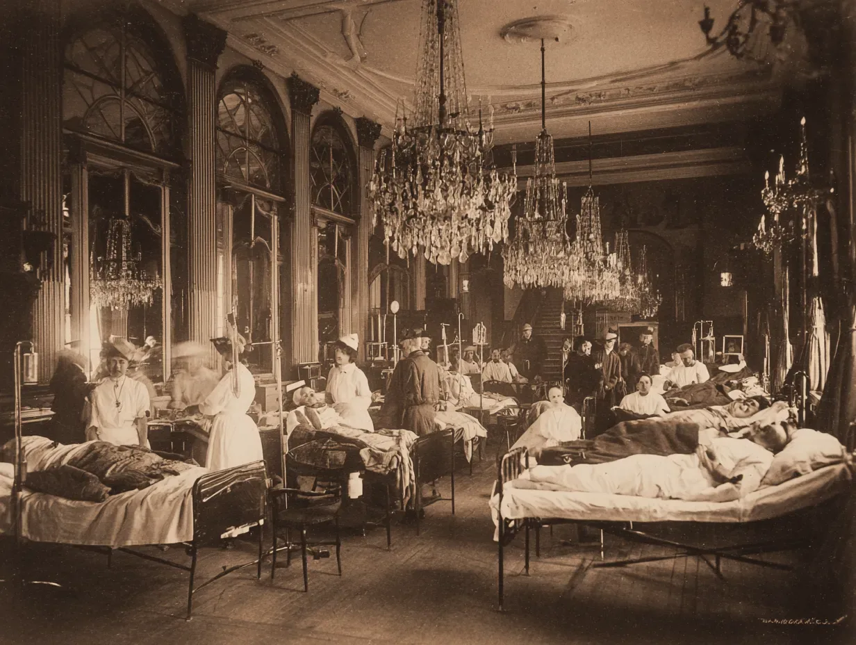British Red Cross nurses treat wounded soldiers in a makeshift ward inside one of Etretat's luxury hotels. Image by Zvi Hazanov via Midjourney