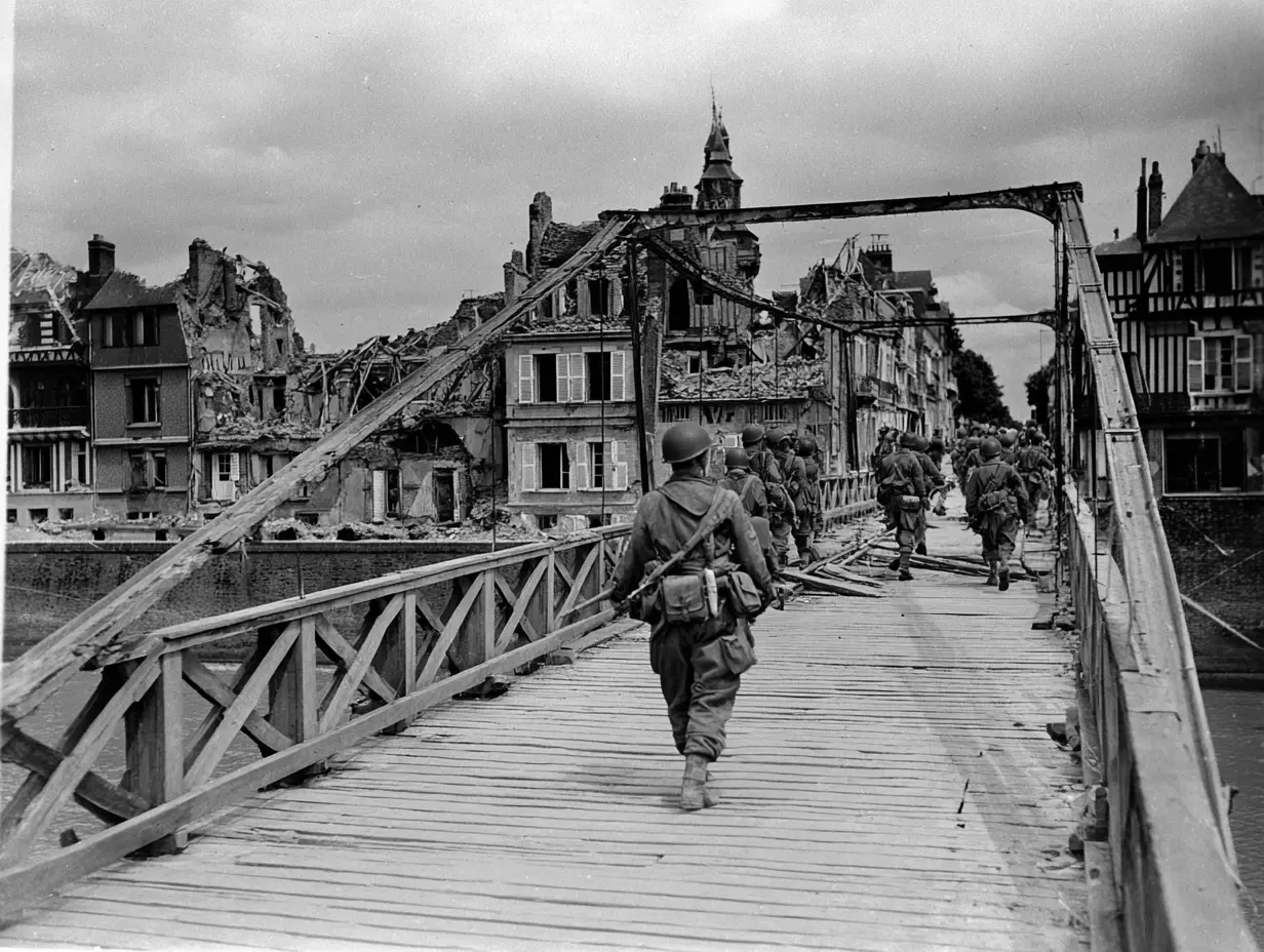 שחרור דוביל בשנת 1944 על ידי חטיבת פירון. התמונה נוצרה על ידי צבי חזנוב באמצעות Midjourney