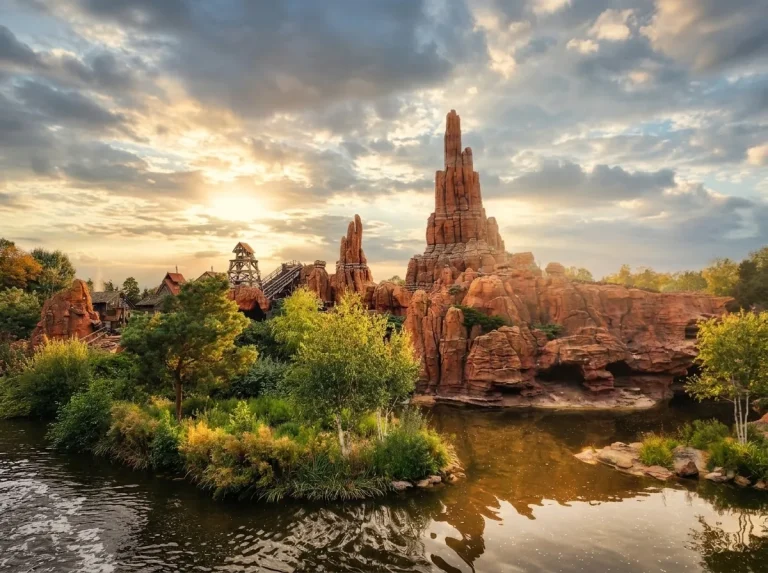 The red rock cliffs of Big Thunder Mountain on the island in Frontierland at Disneyland Paris
