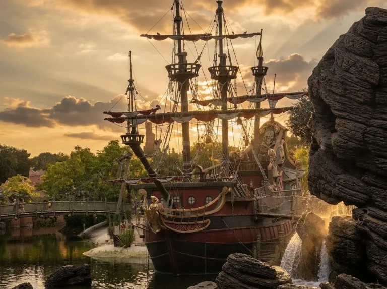 Captain Hook’s pirate ship in Adventureland at Disneyland Paris at sunset