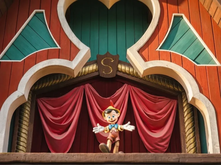 A Pinocchio puppet on a puppet theater stage in front of a wooden building in Fantasyland at Disneyland Paris