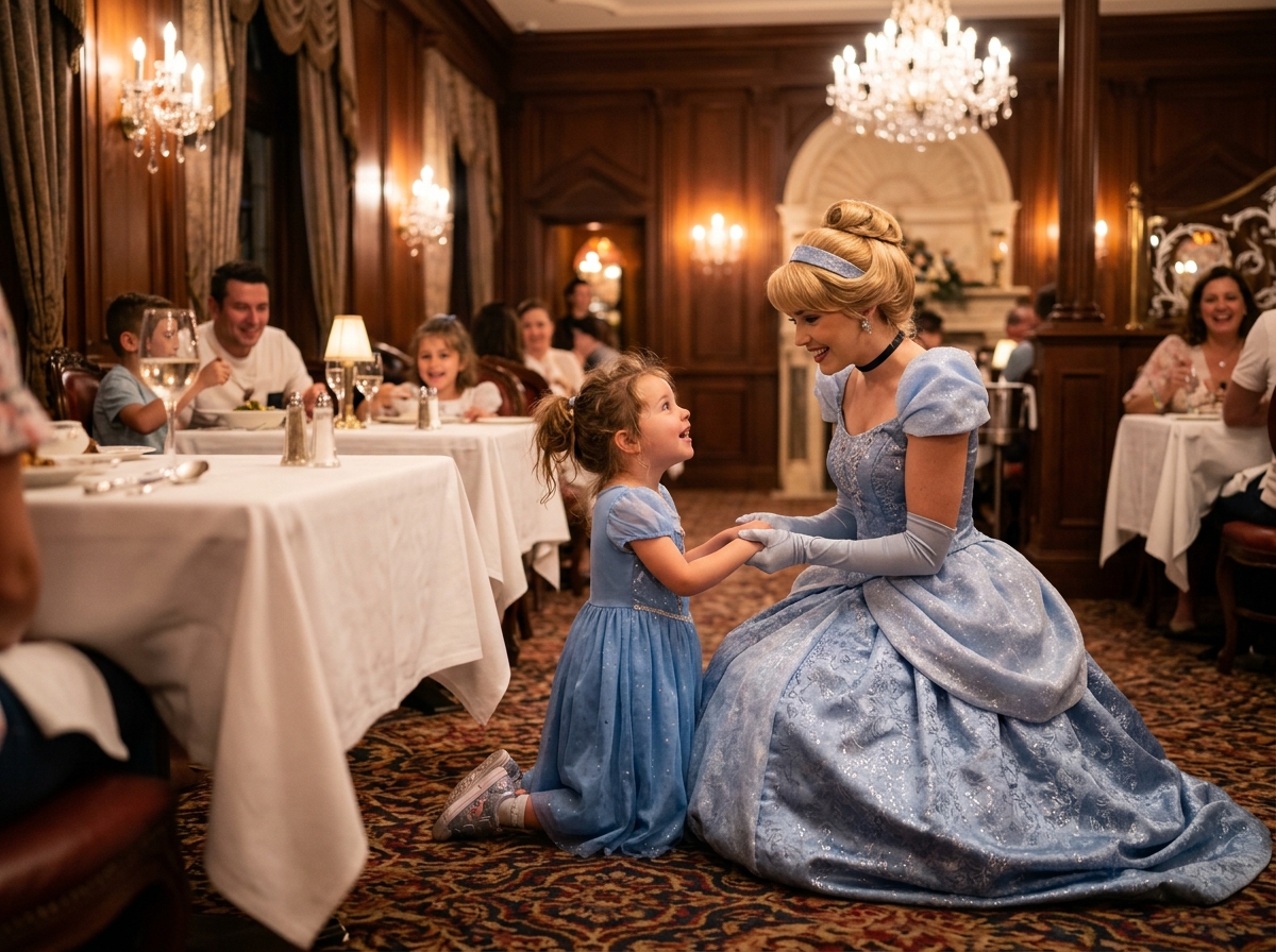 רגע קסום ואינטימי שבו נסיכה פוגשת ילדה ליד שולחן האוכל בארוחת דמויות בדיסנילנד