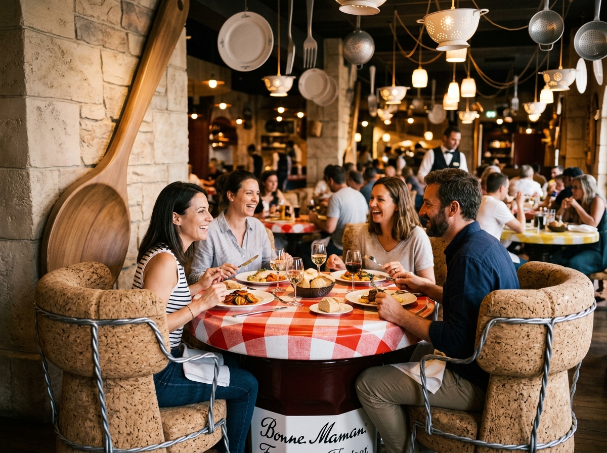 עיצוב פנים במסעדת שה רמי עם כיסאות פקקי שמפניה ומטריות ענק
