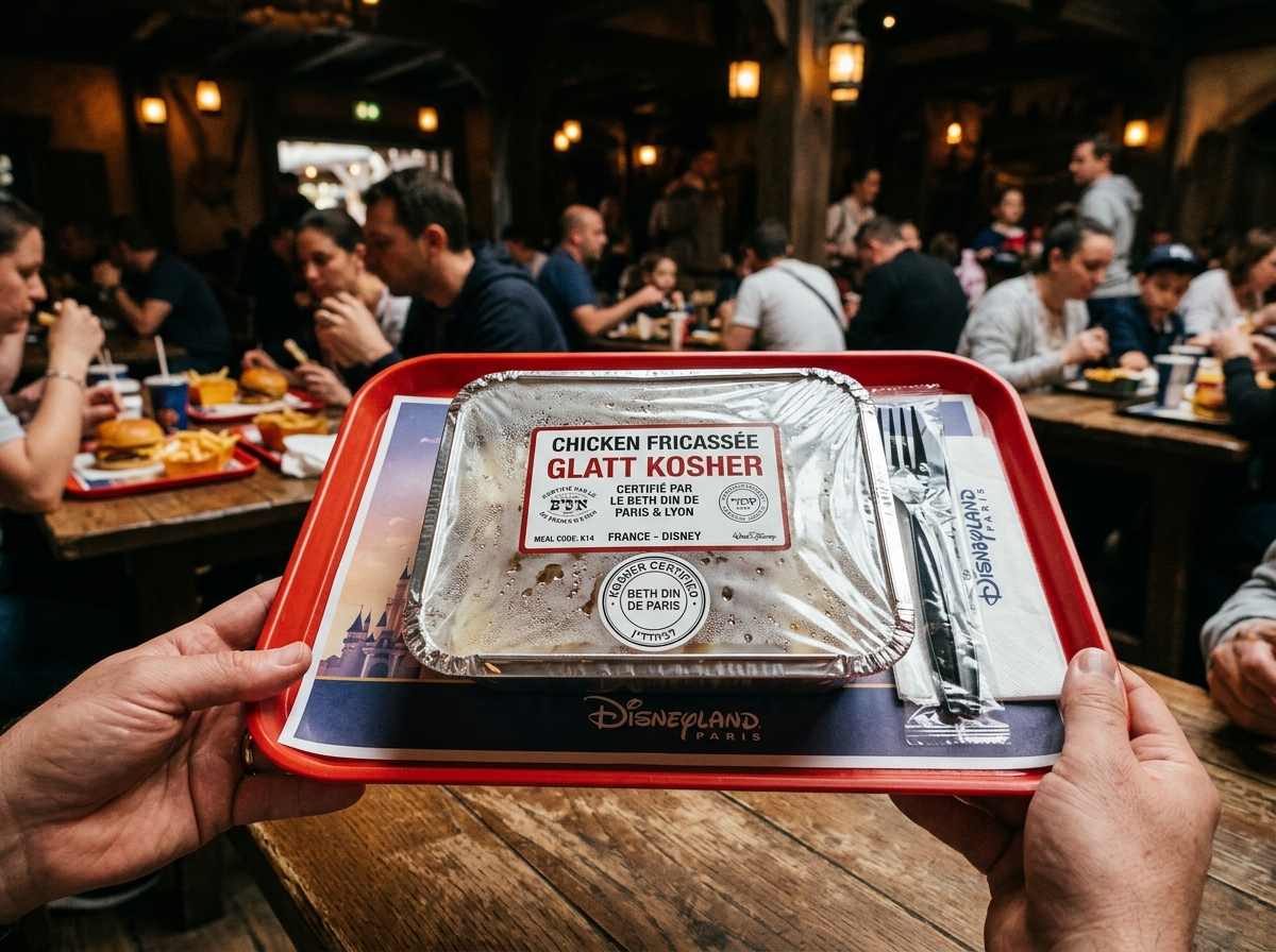 מנת אוכל כשר בחמגשית חתומה המוגשת במסעדת שירות לשולחן בדיסנילנד פריז