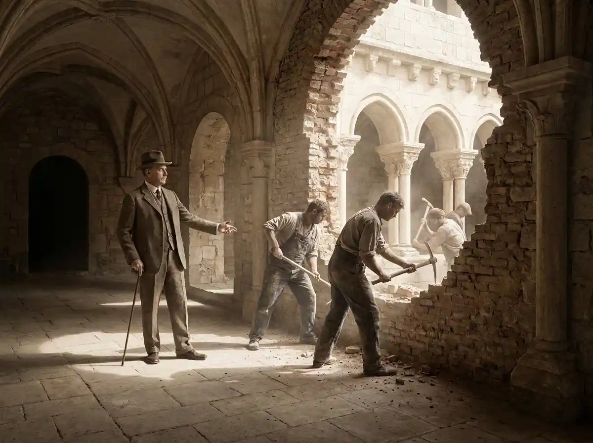 The banker Édouard Aynard supervises workers in the early 20th century as they dismantle industrial additions to reveal the ancient arches of the abbey's cloister. The image was generated using artificial intelligence