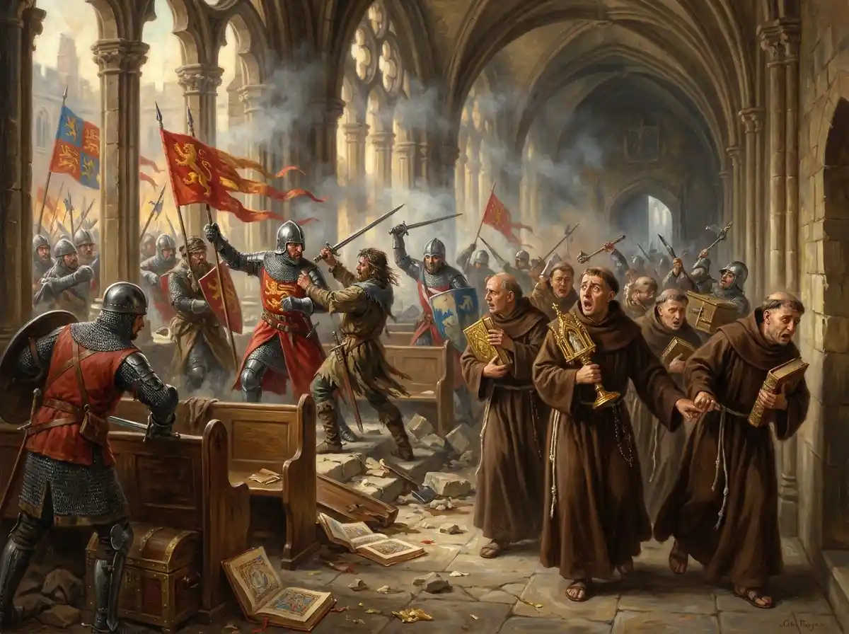English soldiers and mercenaries loot the abbey during the Hundred Years' War, while the monks flee. The image was created using artificial intelligence