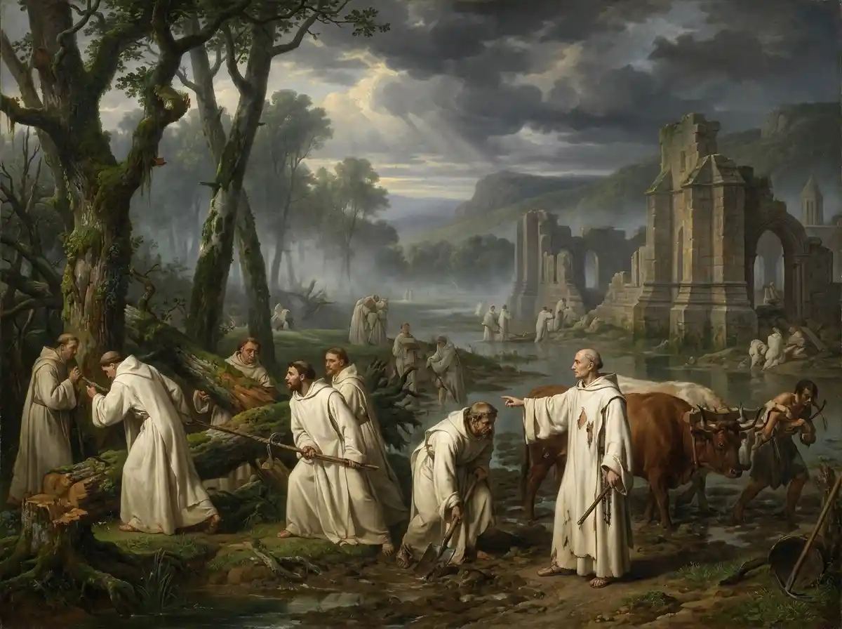 Cistercian monks in white robes drain a swamp and chop wood in a forested valley to build Fontenay Abbey. The image was created using artificial intelligence