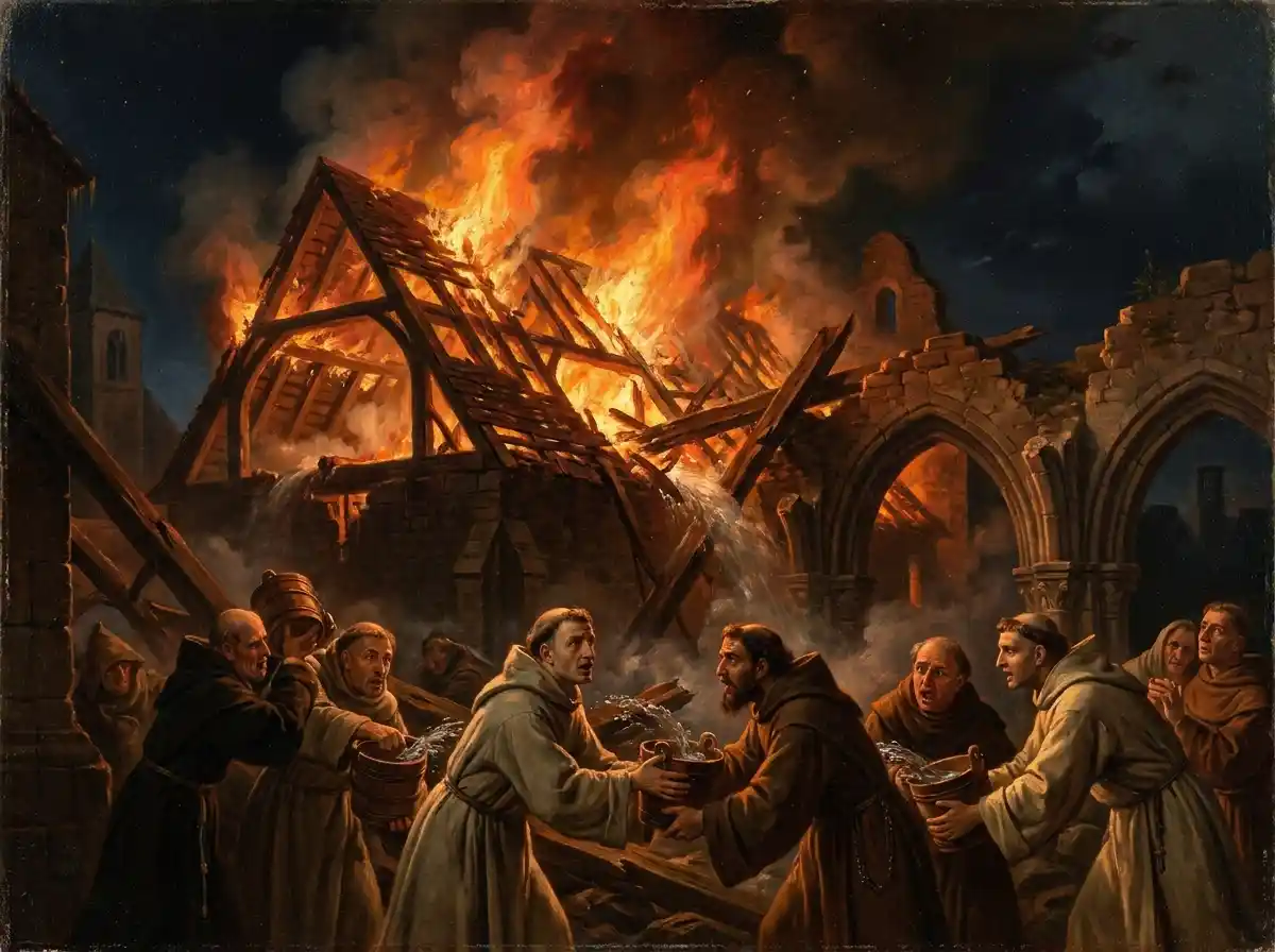 A heavy nighttime fire consumes the wooden roof of the dormitory at Fontenay Abbey in 1450. The image was created using artificial intelligence
