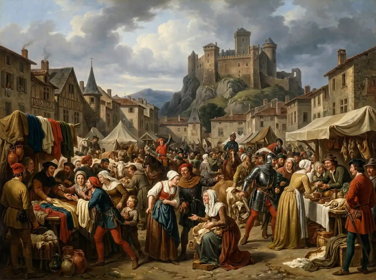 A bustling medieval market at the foot of a stone castle, representing the commercial prosperity of Bourg-en-Bresse
