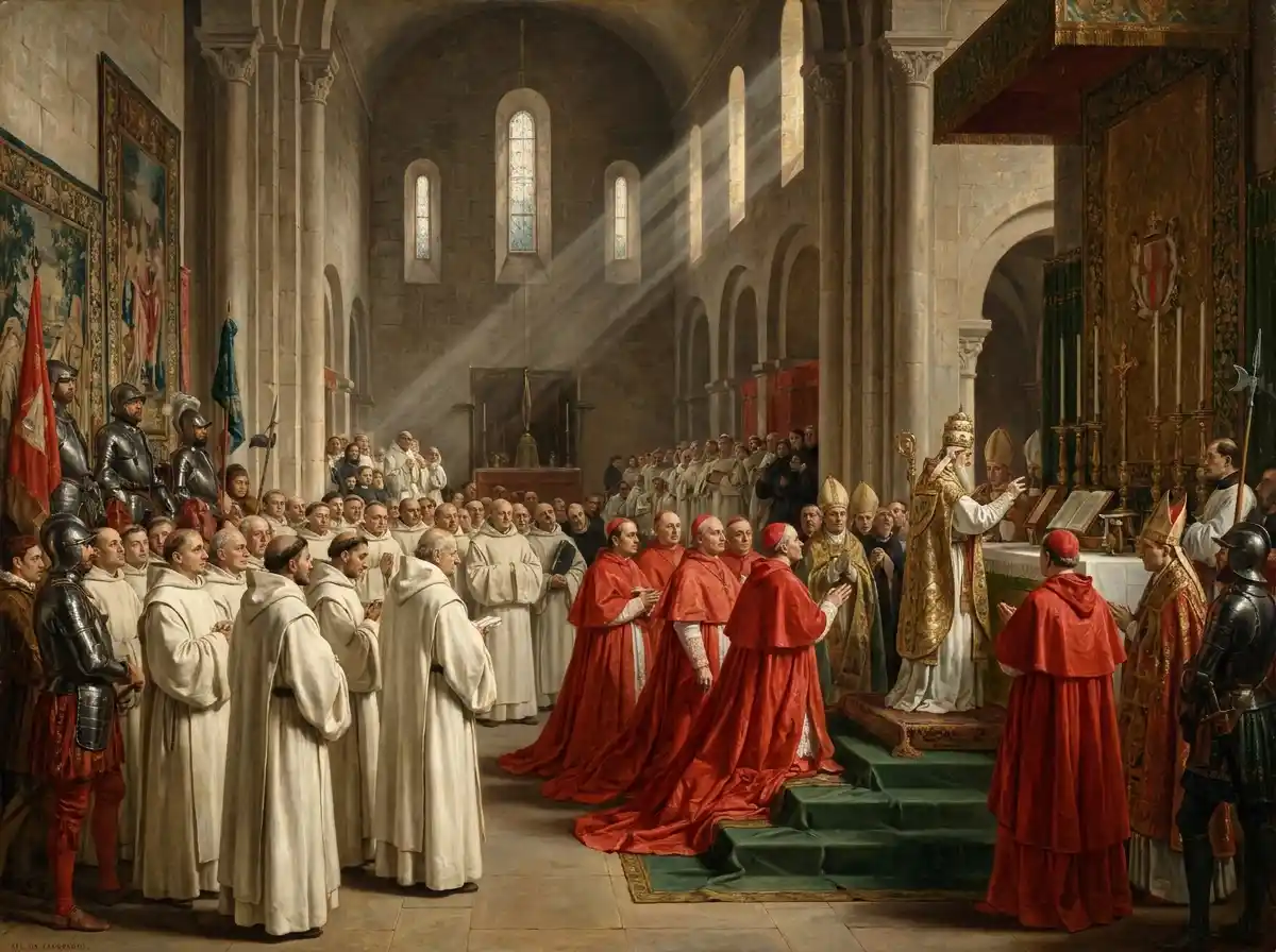 Pope Eugenius III consecrates the church of Fontenay in 1147, surrounded by cardinals dressed in red and Cistercian monks. The image was created using artificial intelligence