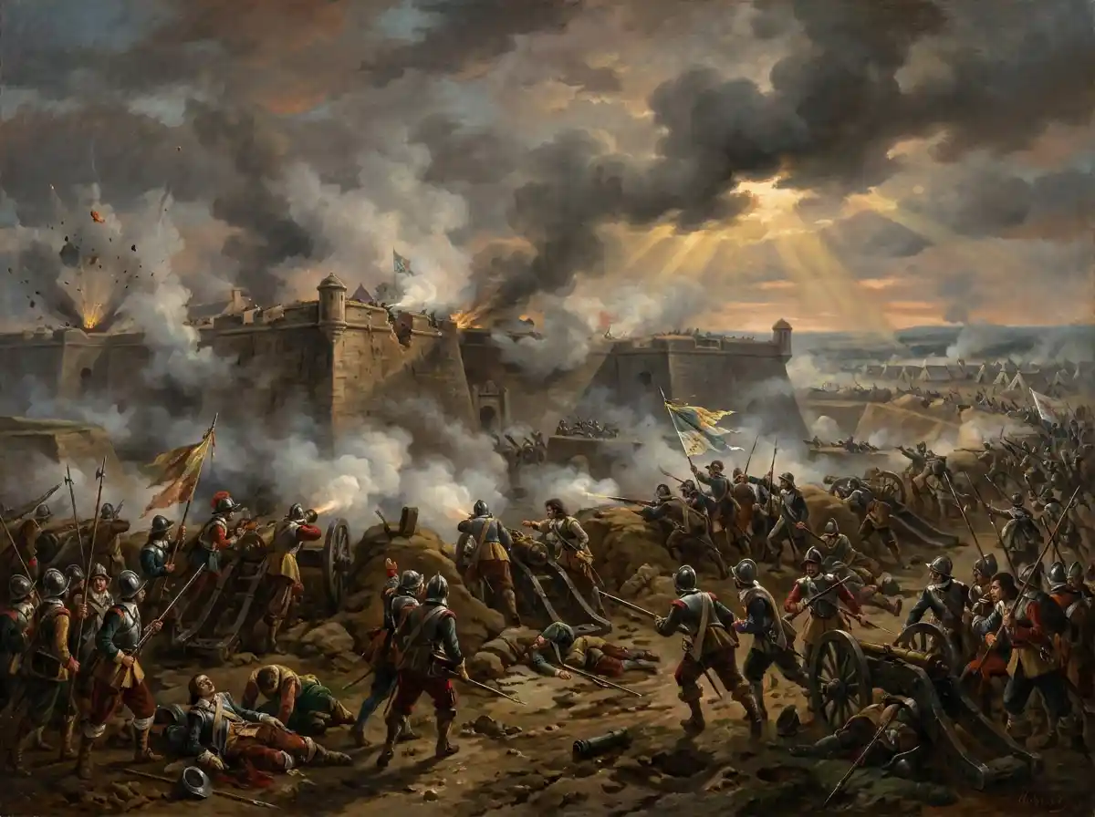 French soldiers laying siege to the massive star-shaped fortress of Fort Saint-Maurice in the 17th century
