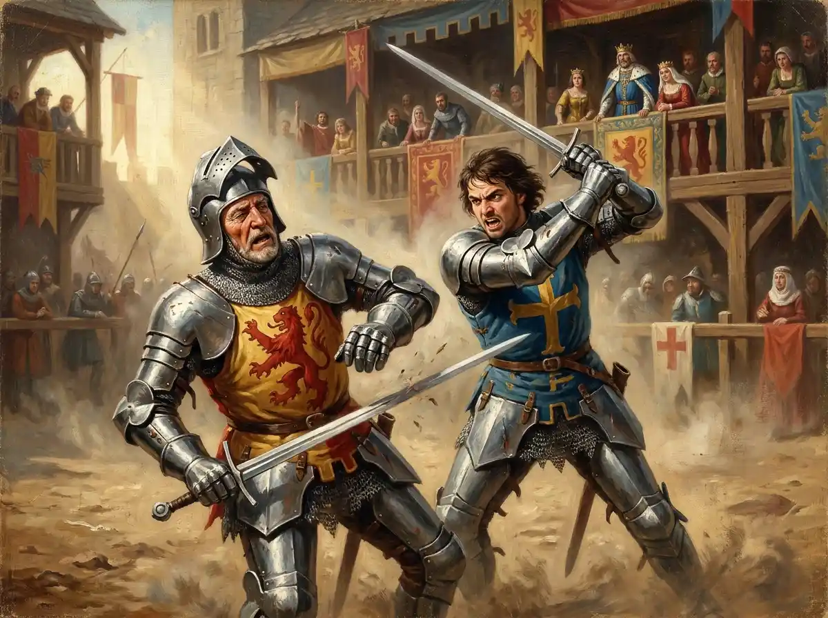 A dramatic knights' duel in Bourg-en-Bresse before a crowd of nobles, 1397. The image was created using artificial intelligence
