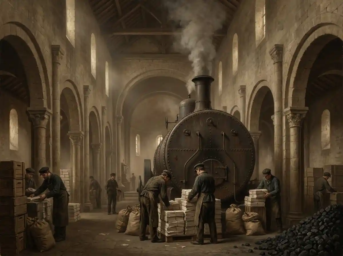 A heavy industrial steam boiler sits inside the ancient church hall at Fontenay in the 19th century. The image was created using artificial intelligence