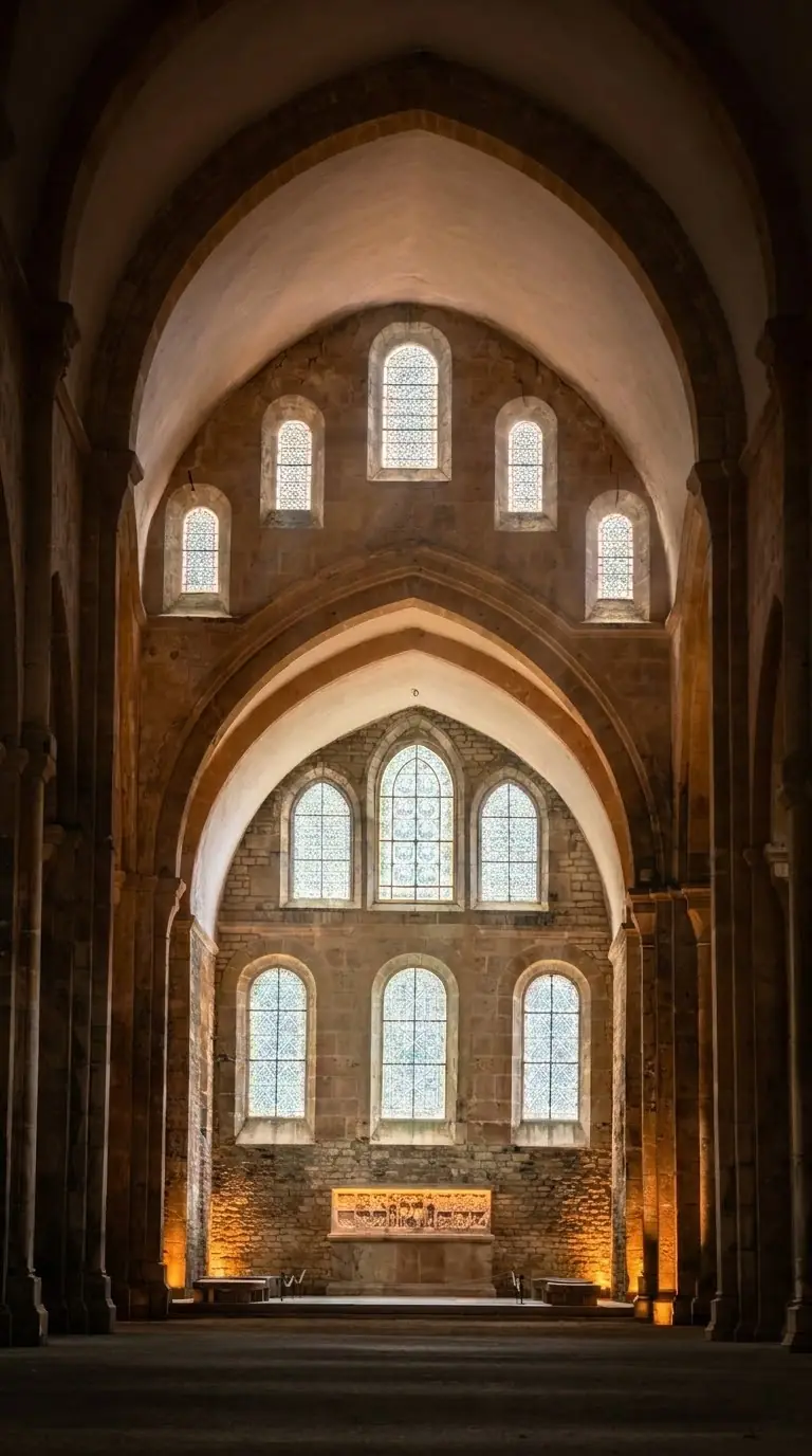 The nave of Fontenay's church, with the carved altarpiece at the far end. Photo: Zvi Chazanov