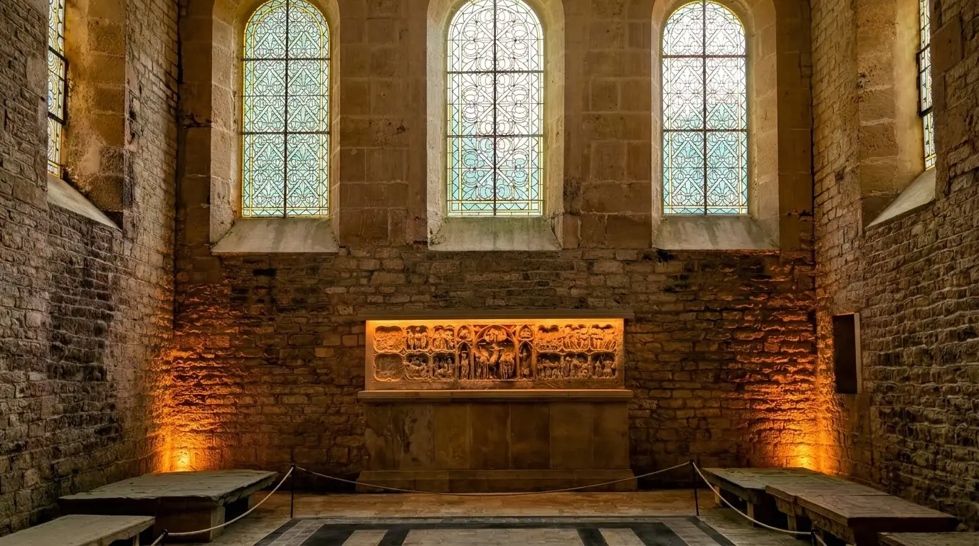 The carved 13th-century altarpiece in the choir of Fontenay's church. Photo: Zvi Chazanov