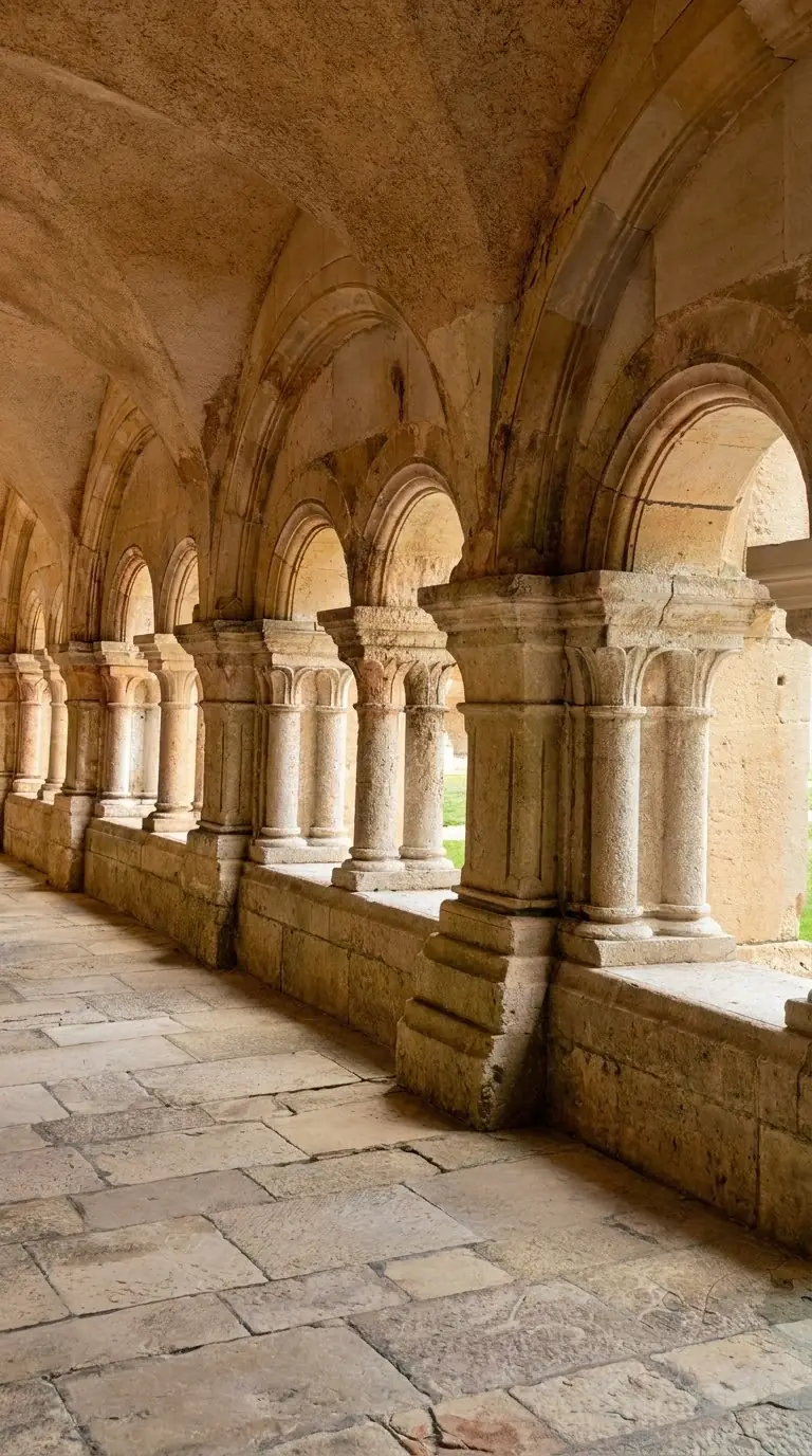 The arches of the cloister at Fontenay, resting on pairs of slender columns. Photo: Zvi Chazanov
