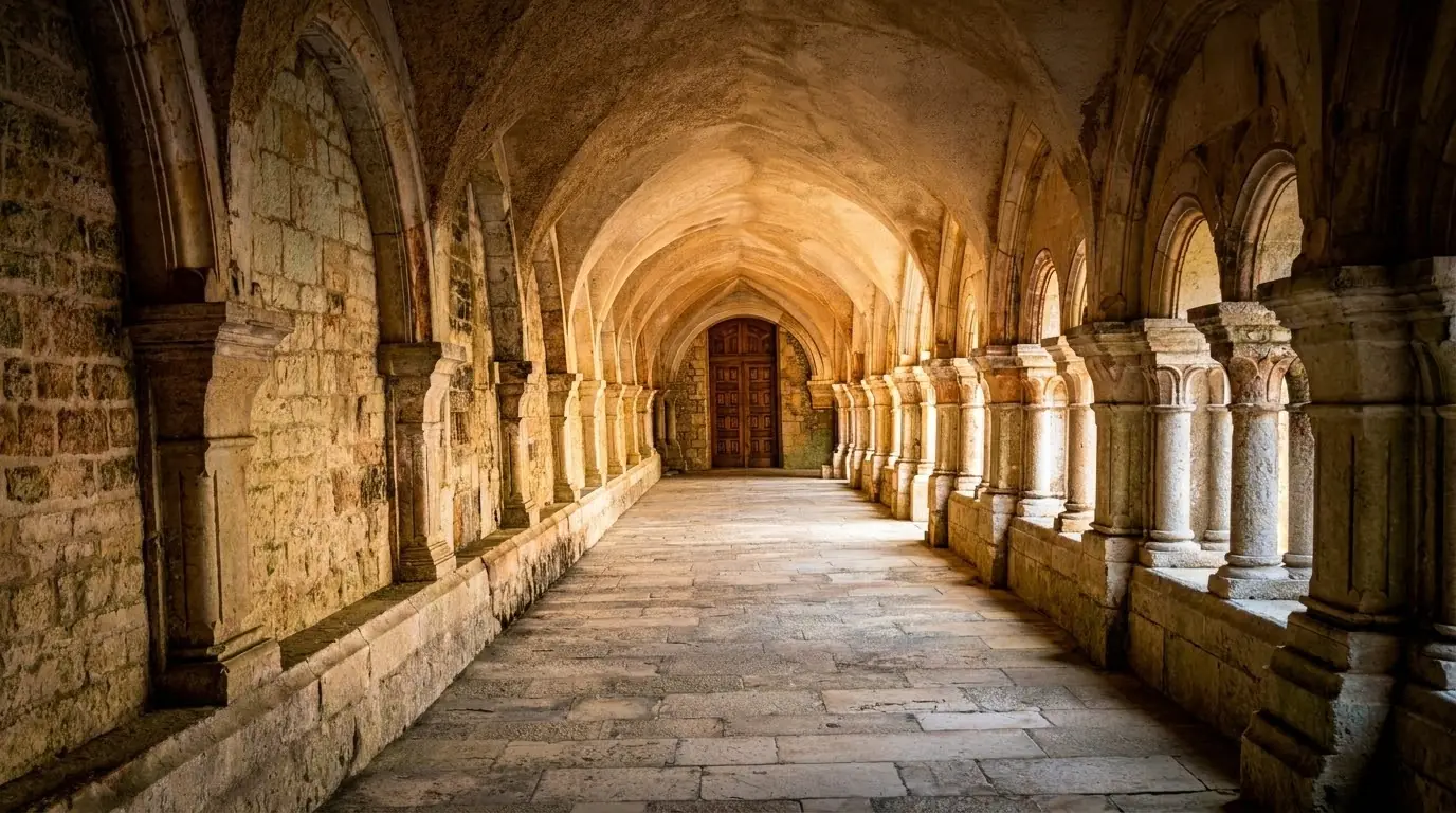 One of the vaulted galleries of the cloister at Fontenay, with a wooden door at the far end. Photo: Zvi Chazanov