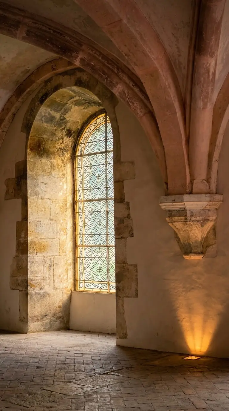 Afternoon light through a window of one of the vaulted halls at Fontenay. Photo: Zvi Chazanov