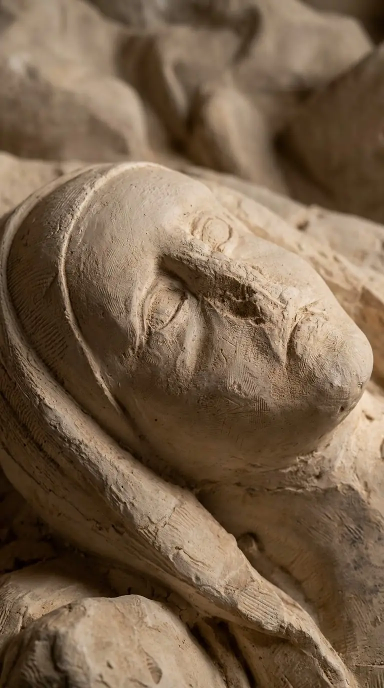 The face of one of the funerary statues on the tomb of the knight Mello d'Époisses and his wife, in Fontenay's church. Photo: Zvi Chazanov