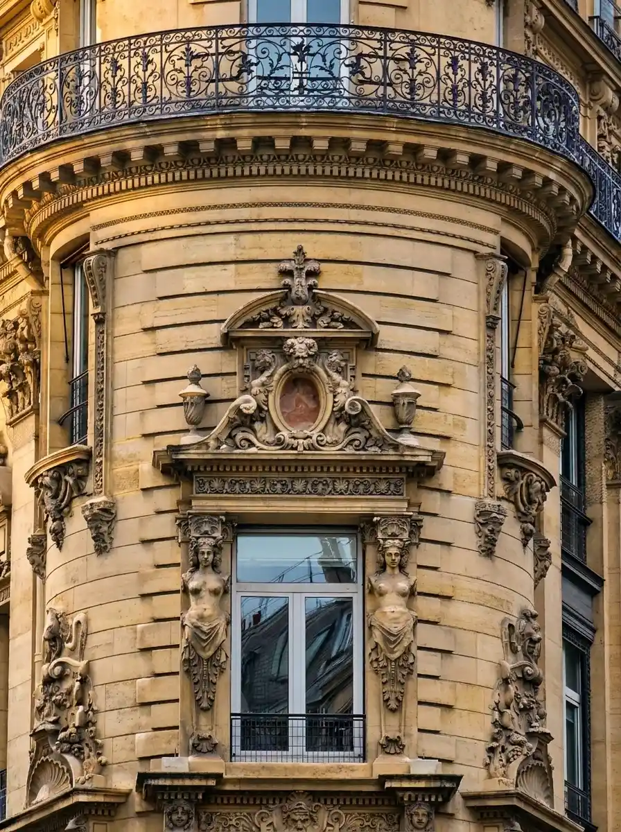 הקריאטידות סביב החלון הפינתי ב-101 rue Réaumur, בפינת rue de Cléry. צילום: צבי חזנוב