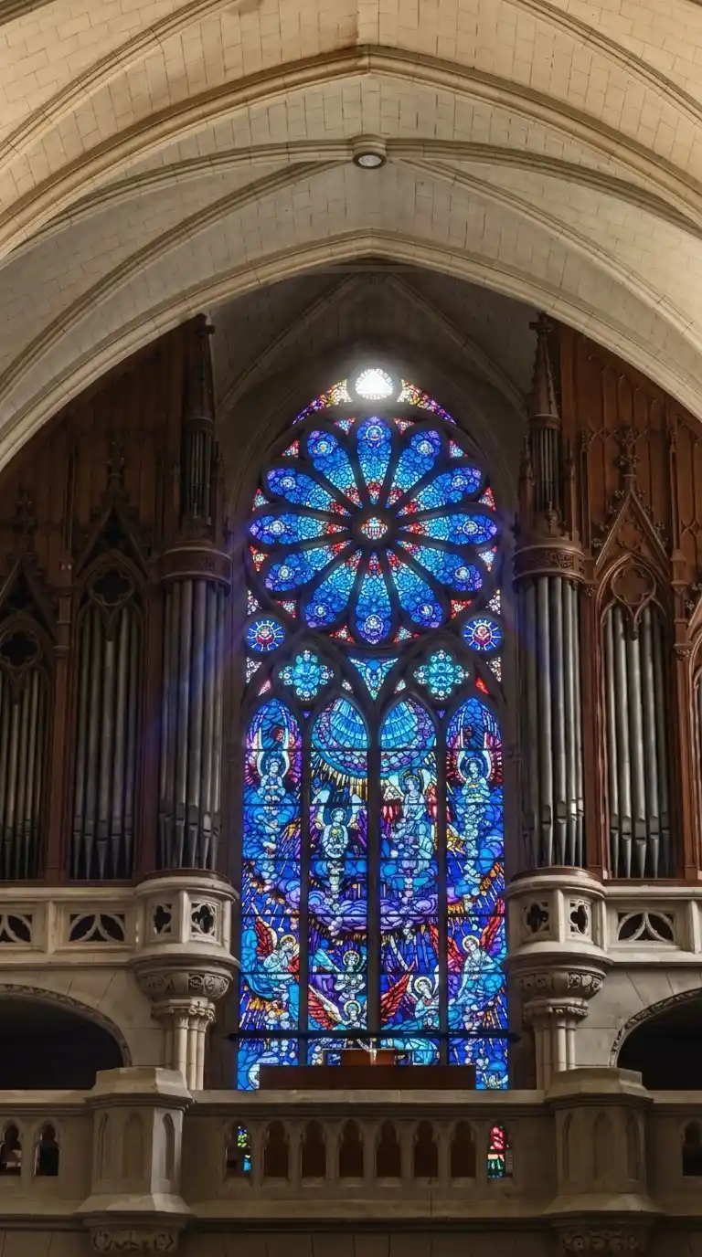 הוויטראז' והעוגב בקפלת Sainte-Thérèse. צילום: צבי חזנוב