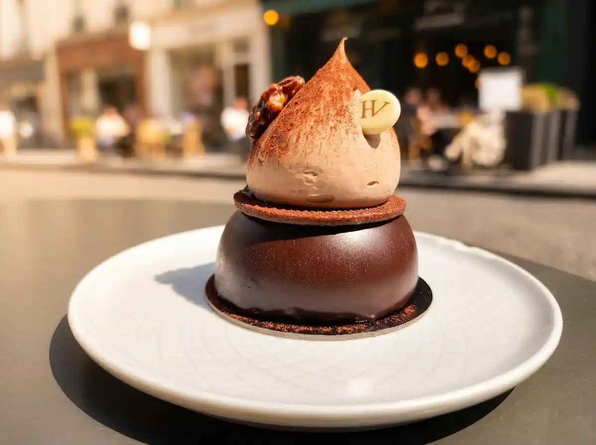 עוגת שוקולד של Hugo & Victor, שנקנתה ב-Fou de Pâtisserie, על שולחן ב-rue Montorgueil. צילום: צבי חזנוב