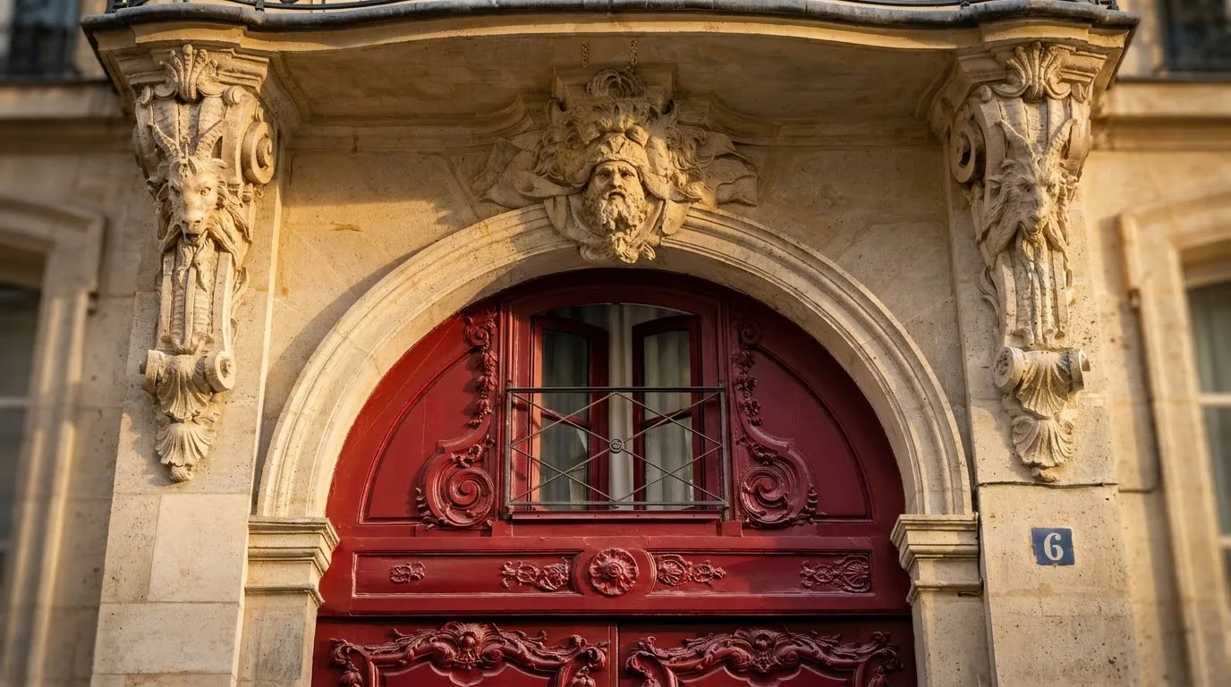 שער הכרכרות של 6 rue de Braque, עם תומכות האבן בדמות ראשי איל. צילום: צבי חזנוב