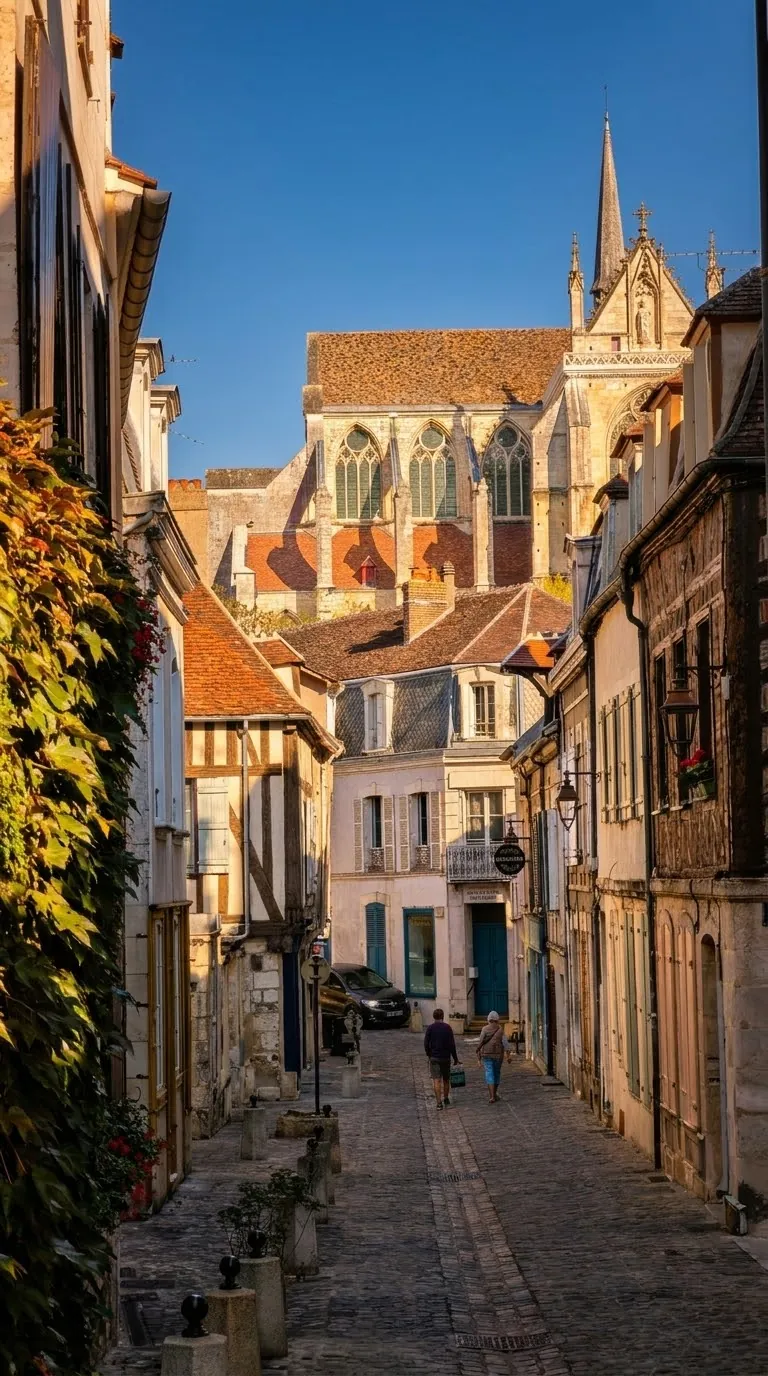 Abbaye Saint-Germain peeking out at the end of a cobblestone street in Auxerre's old town. Photo: Zvi Chazanov