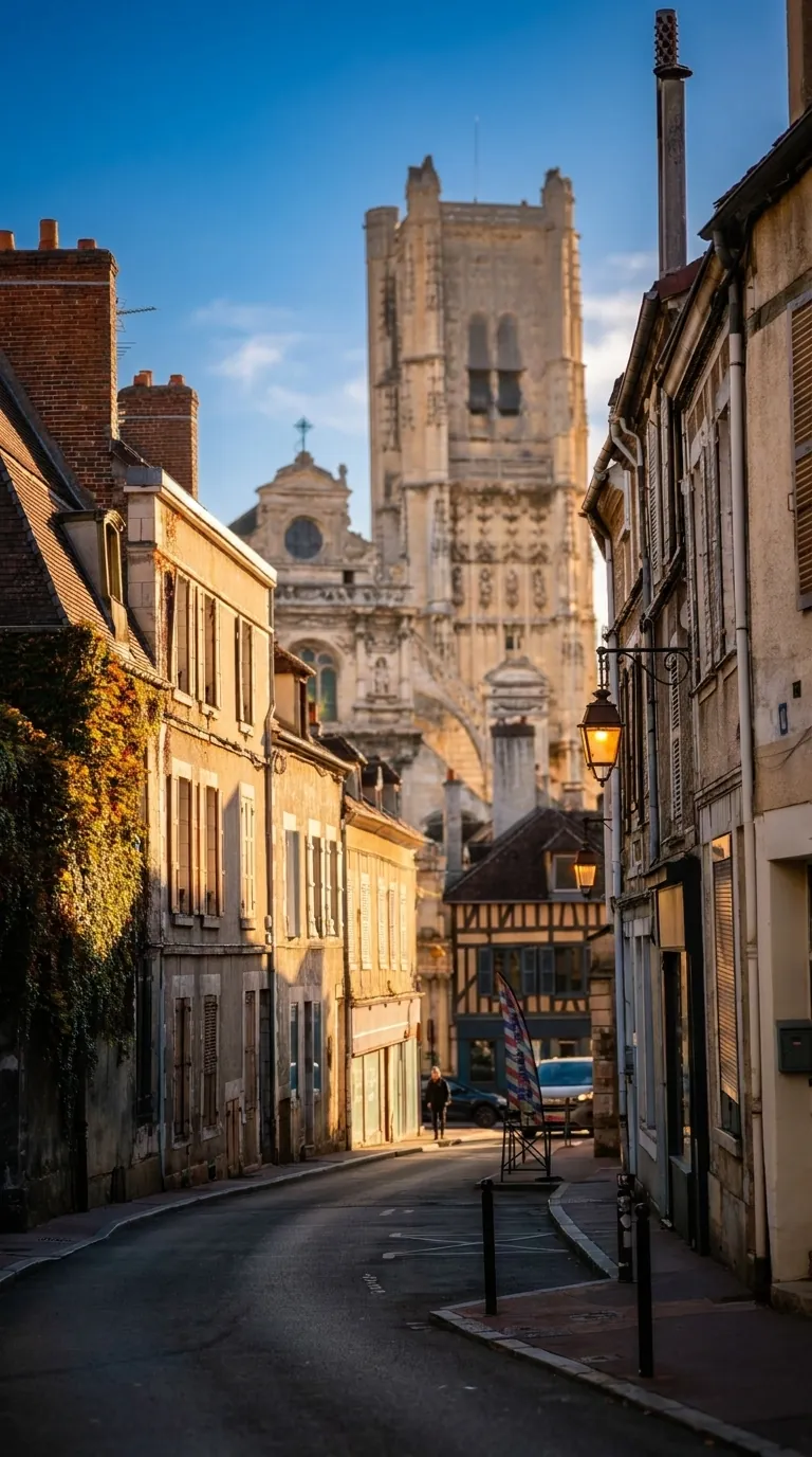 The bell tower and facade of the Église Saint-Pierre, seen from one of the streets of Auxerre. Photo: Zvi Chazanov