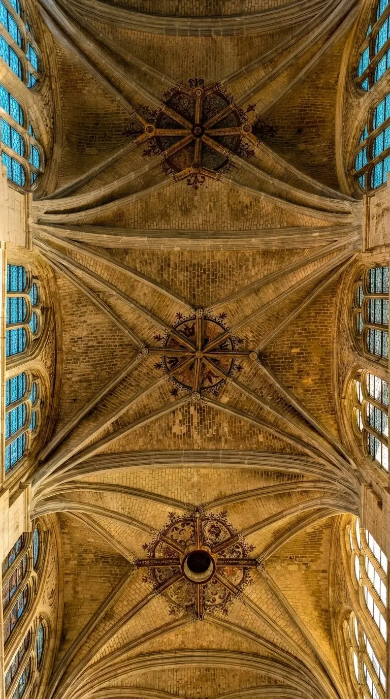 The vaulted ceiling of the Église Saint-Pierre in Auxerre, with painted decorations around the keystones. Photo: Zvi Chazanov
