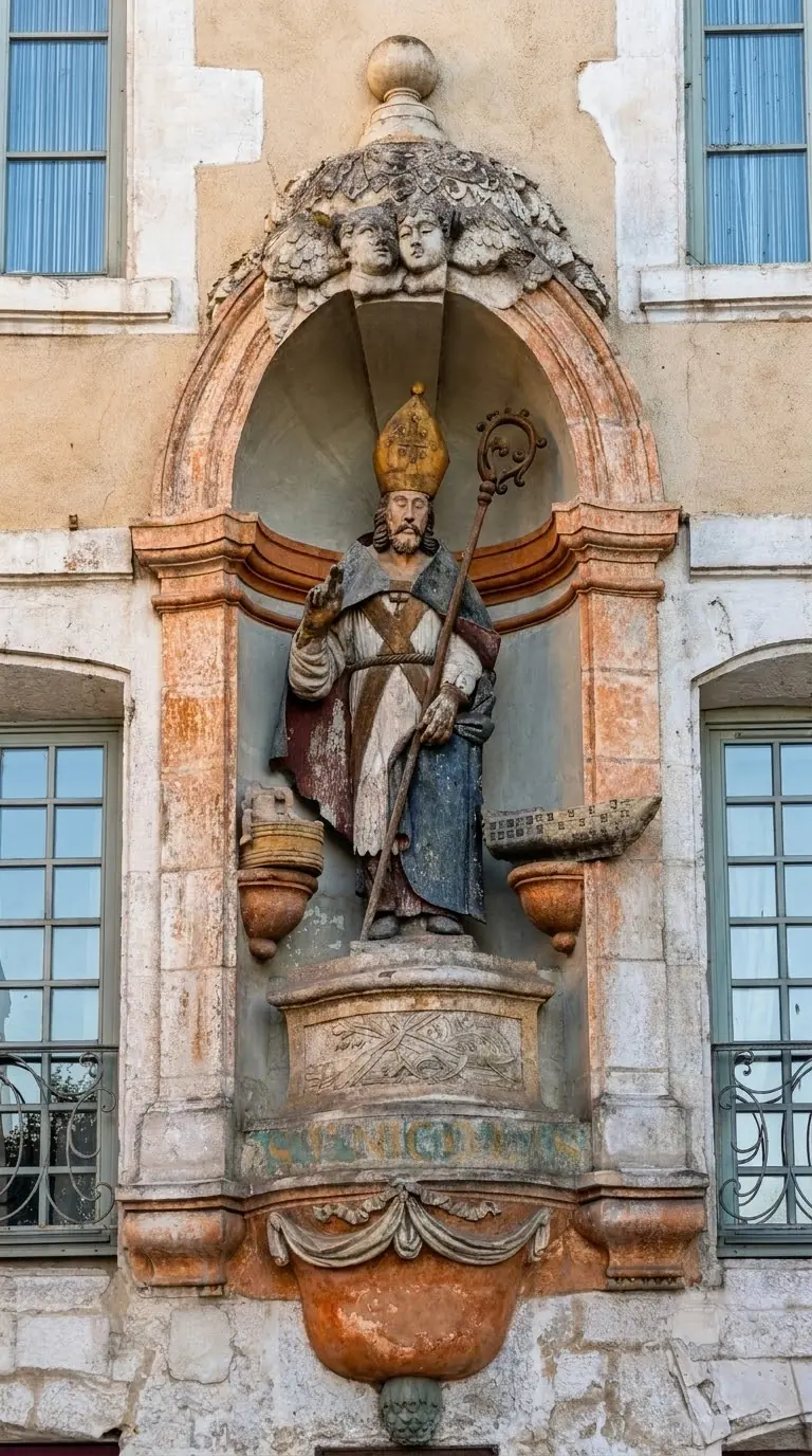 A statue of Saint Nicholas, patron of boatmen, in a niche on place Saint-Nicolas in Auxerre. Photo: Zvi Chazanov