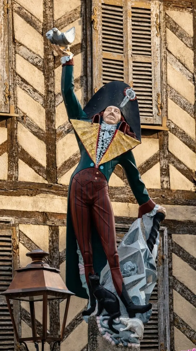 The wooden statue of Cadet Rousselle, the work of François Brochet, against the backdrop of a timber-framed house in Auxerre. Photo: Zvi Chazanov