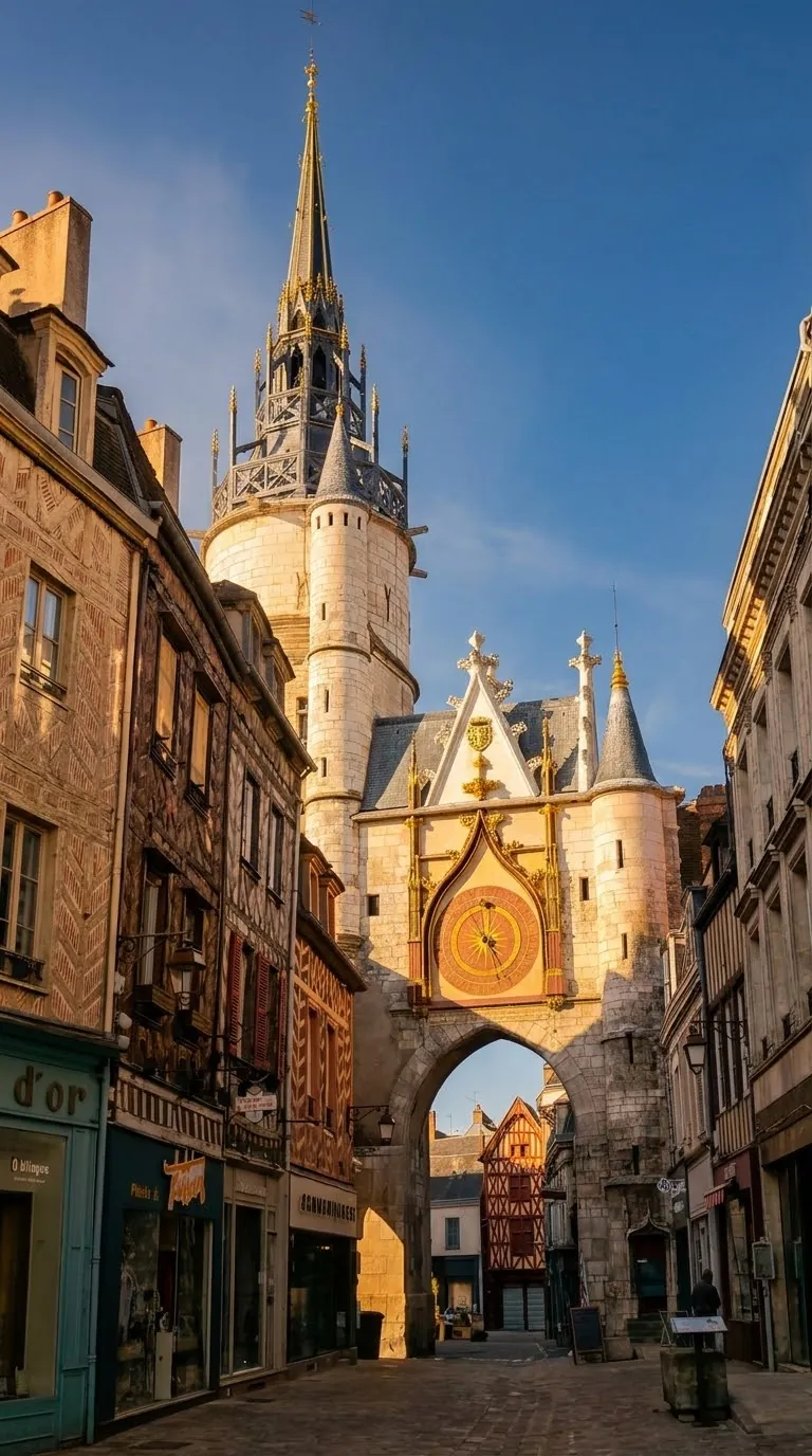 The Tour de l'Horloge of Auxerre and the gate beneath it, with its gilded clock face. Photo: Zvi Chazanov
