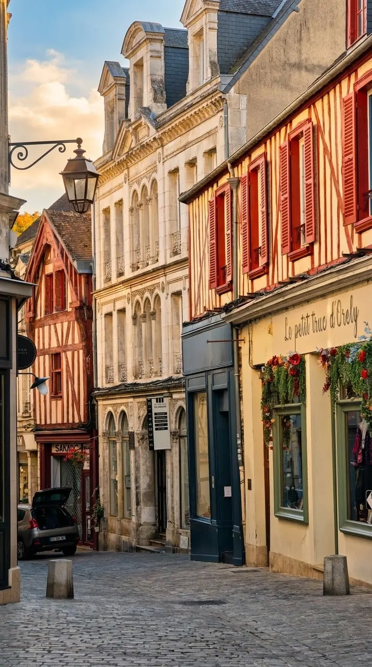 Timber-framed houses with exposed beams and red shutters on a cobblestone street in Auxerre's old quarter. Photo: Zvi Chazanov