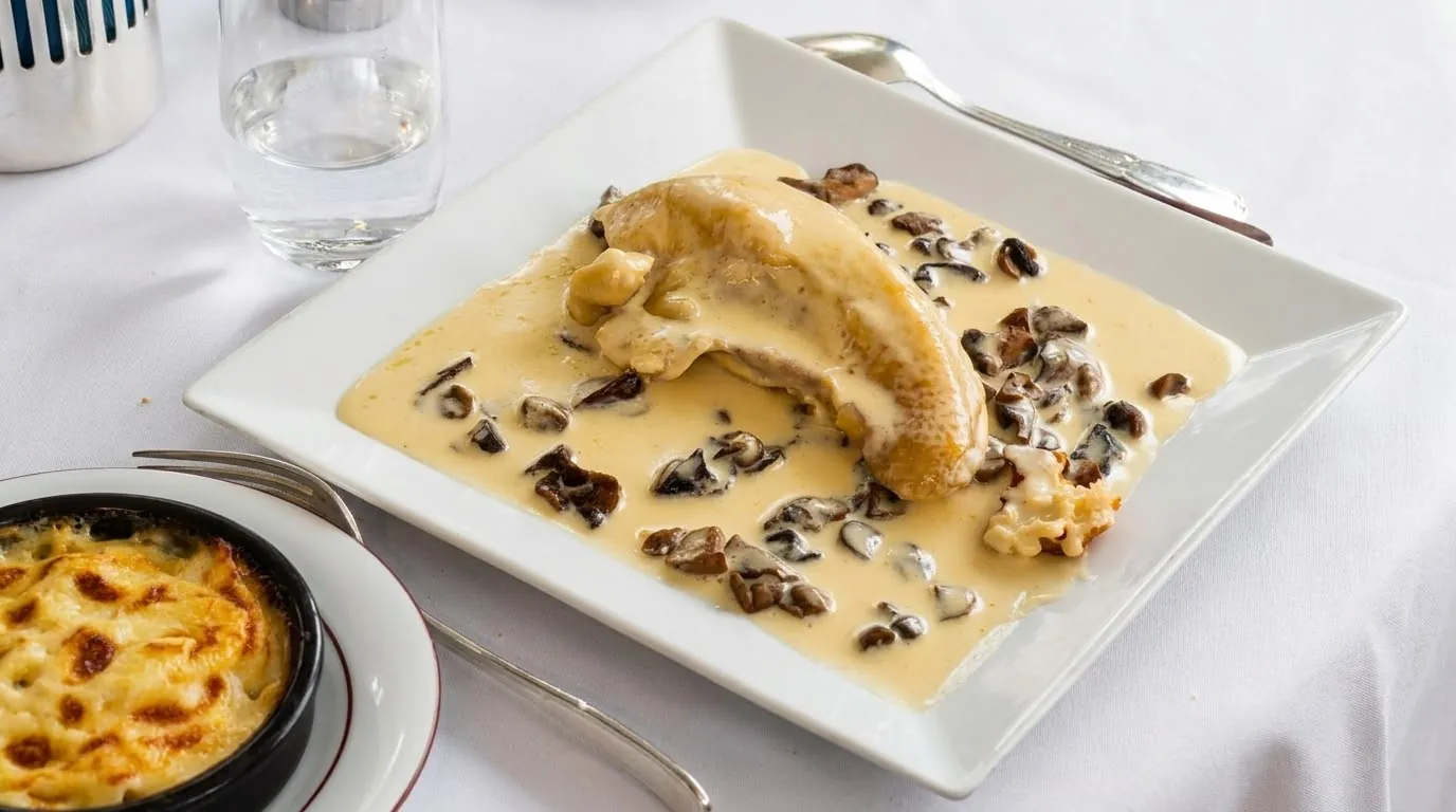 Bresse chicken in a white wine, cream and mushroom sauce, served with a gratin, at L'Auberge Bressane. Photo: Zvi Chazanov
