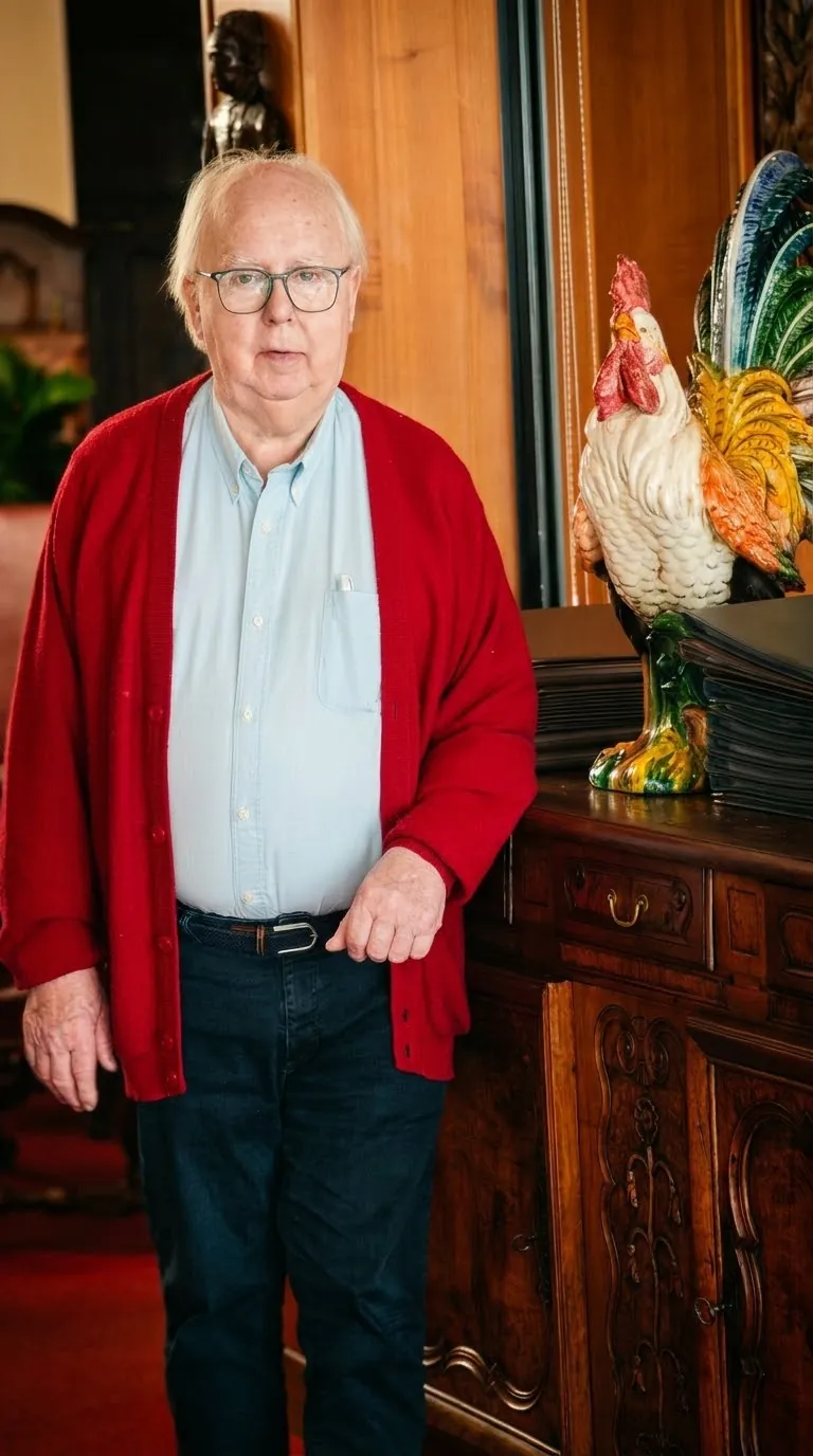 Jean-Pierre Vullin, the owner of L'Auberge Bressane, next to the rooster statue in the dining room. Photo: Zvi Chazanov