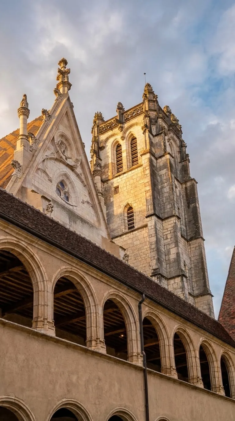 The bell tower of the Brou church, seen above the upper gallery of one of the cloisters. Photo by Zvi Chazanov