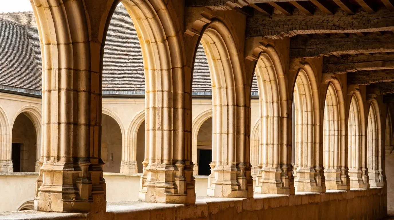 The arches of the gallery in one of the cloisters at the Brou monastery. Photo by Zvi Chazanov