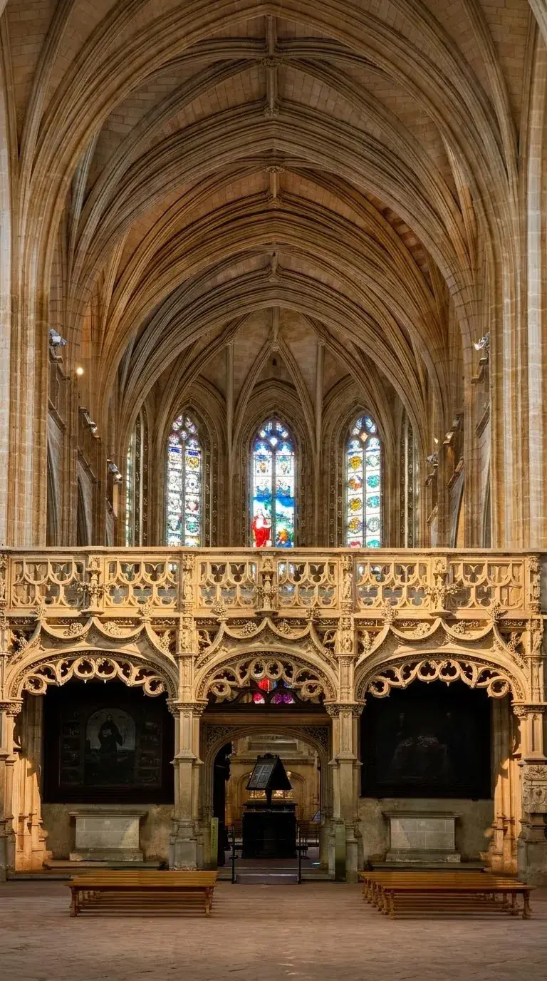 The jubé of the Brou church, the carved stone screen separating the nave from the choir. Photo: Zvi Chazanov