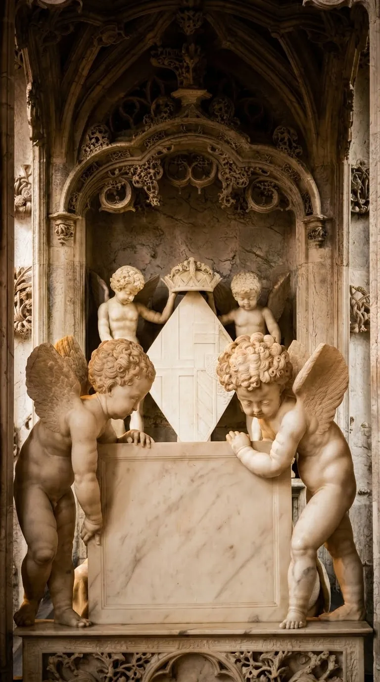Marble cherubs carrying a crowned coat of arms, on one of the tombs in the Brou church. Photo: Zvi Chazanov