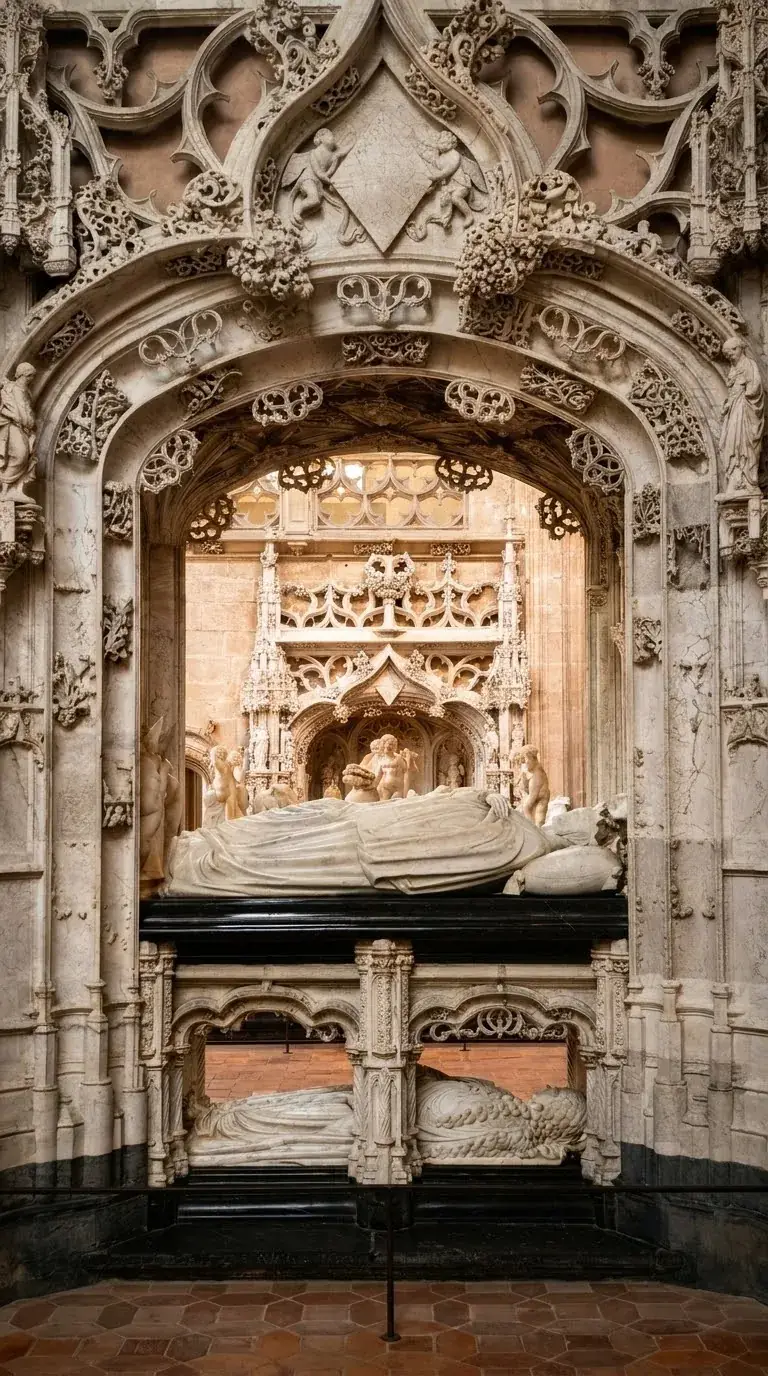 One of the two-tiered tombs in the Brou choir: the gisant above, and the shrouded transi below. Photo: Zvi Chazanov