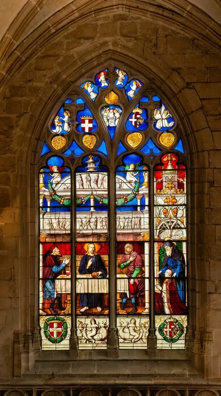 The stained-glass window depicting Christ's appearance to the pilgrims at Emmaus in the Brou church, with the coat of arms of the House of Savoy at the bottom. Photo: Zvi Chazanov
