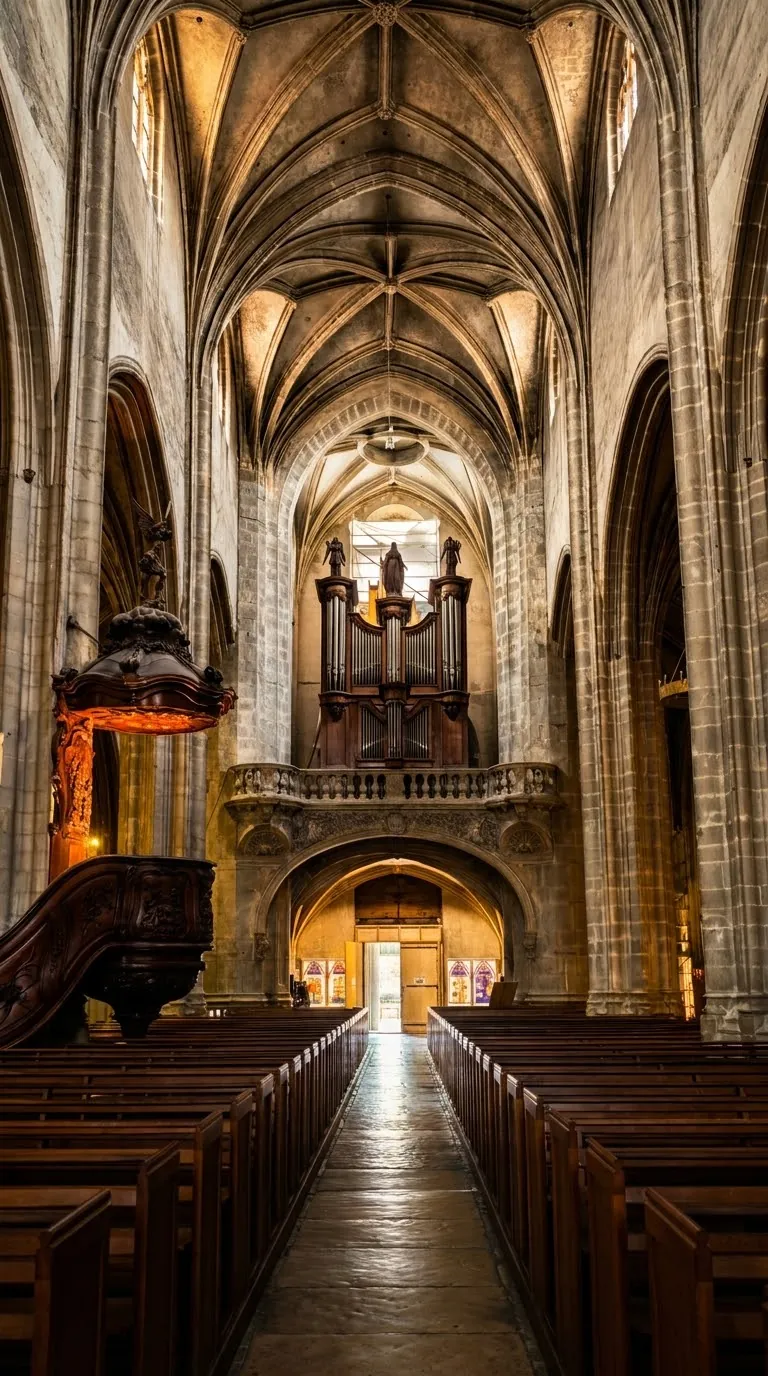 The nave of the Notre-Dame co-cathedral in Bourg-en-Bresse, with the carved pulpit and the great organ. Photo by Zvi Chazanov