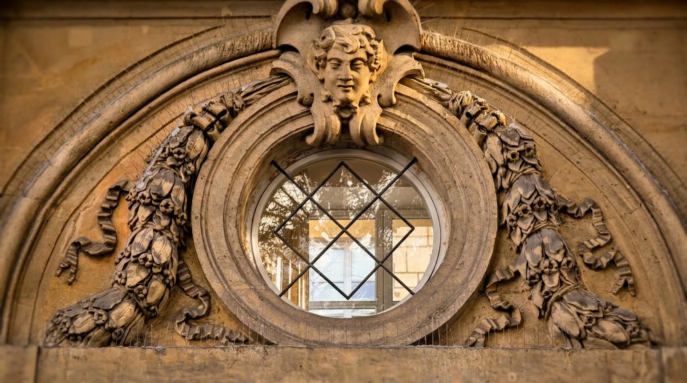 החלון העגול מעל השער של 72 rue des Archives. צילום: צבי חזנוב