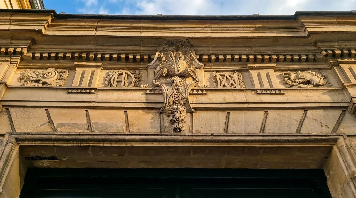 המונוגרמות מעל השער של 76 rue des Archives. צילום: צבי חזנוב
