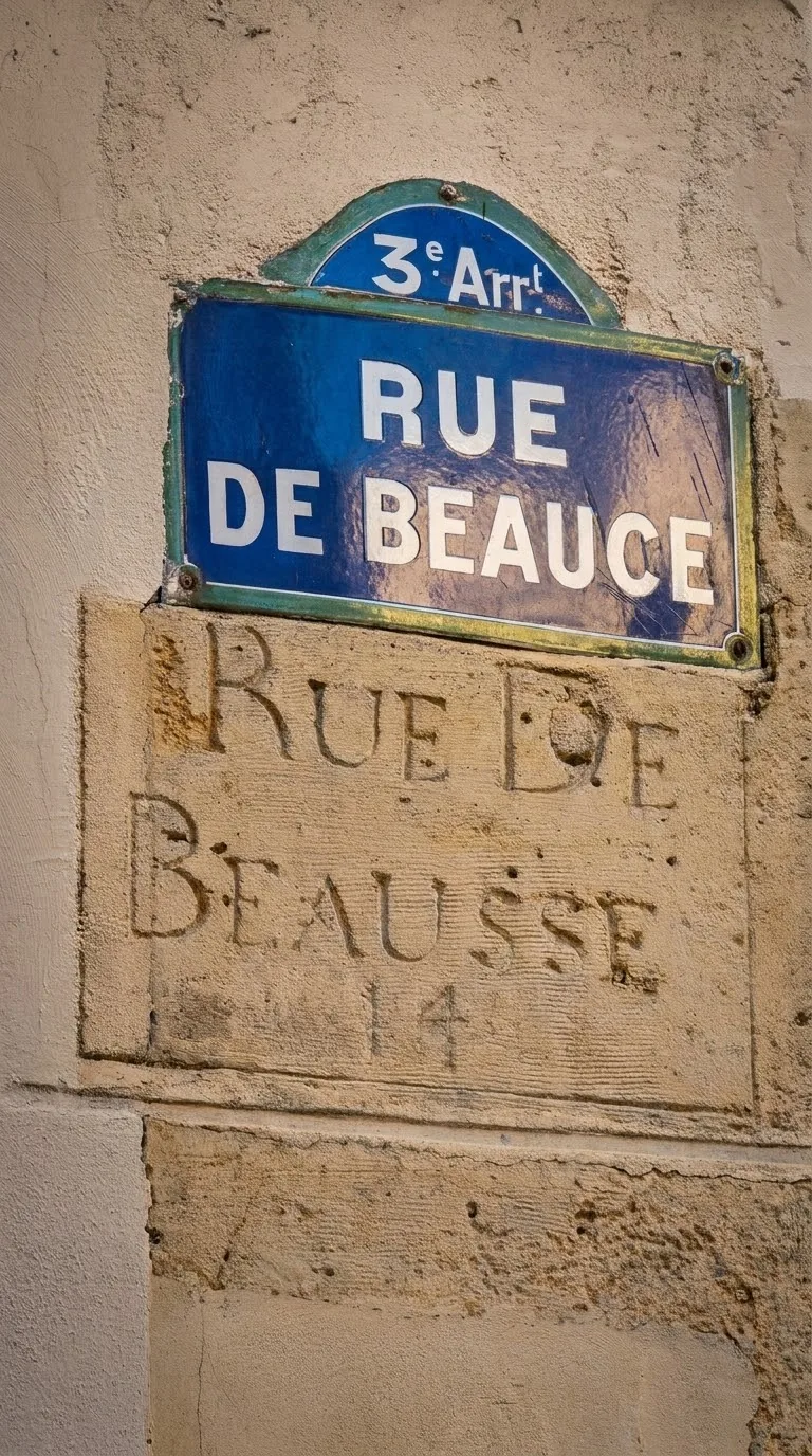 השלט החדש והשם הישן החקוק באבן בפינת rue de Beauce. צילום: צבי חזנוב